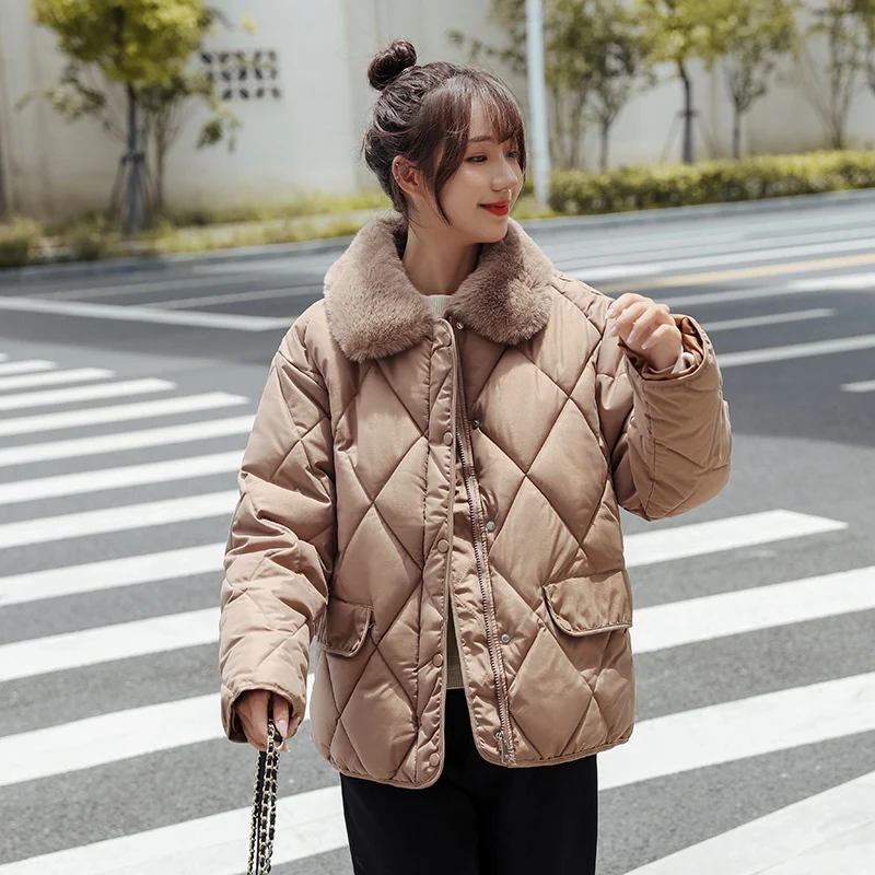 Women Warm Fashion Big Fur Collar Coats New Winter Overcoat Short Thick Parkas Outerwear Korean Loose Diamond Check Coat Jacket