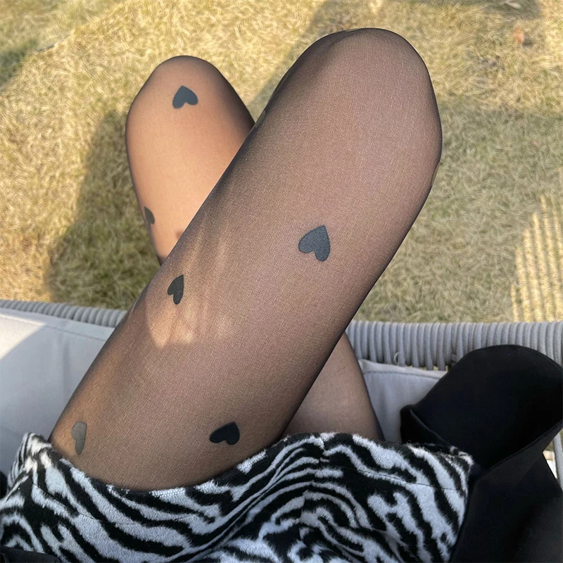 

Женские черные чулки Love Heart, тонкие весенне-летние жаккардовые пикантные чулки в стиле Лолиты, Колготки с защитой от капюшона Jk