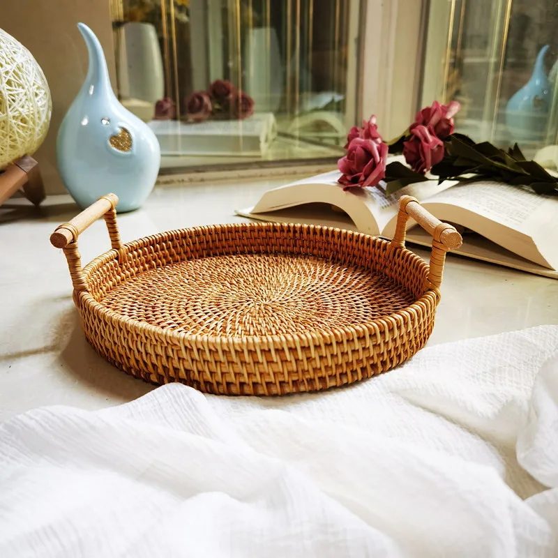 

Storage Tray Hand-Woven Rattan Storage Basket Wicker Baskets Bread Fruit Food Tray Picnic Basket Kitchen Tools Household Box