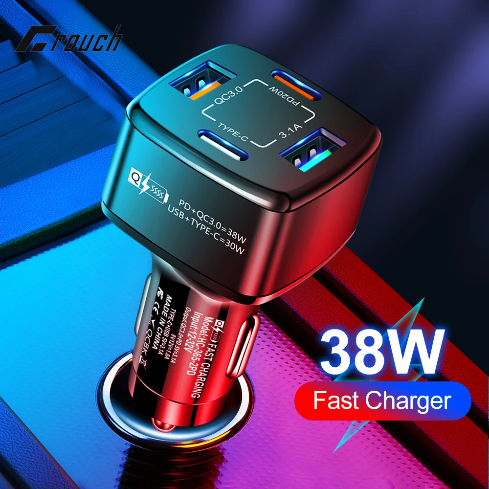 USB Car Charger Fast Charging 4 Ports USB C Car Phone Charger PD QC3.0 Car Lighter Chargers Adapter For iPhone Xiaomi Huawei