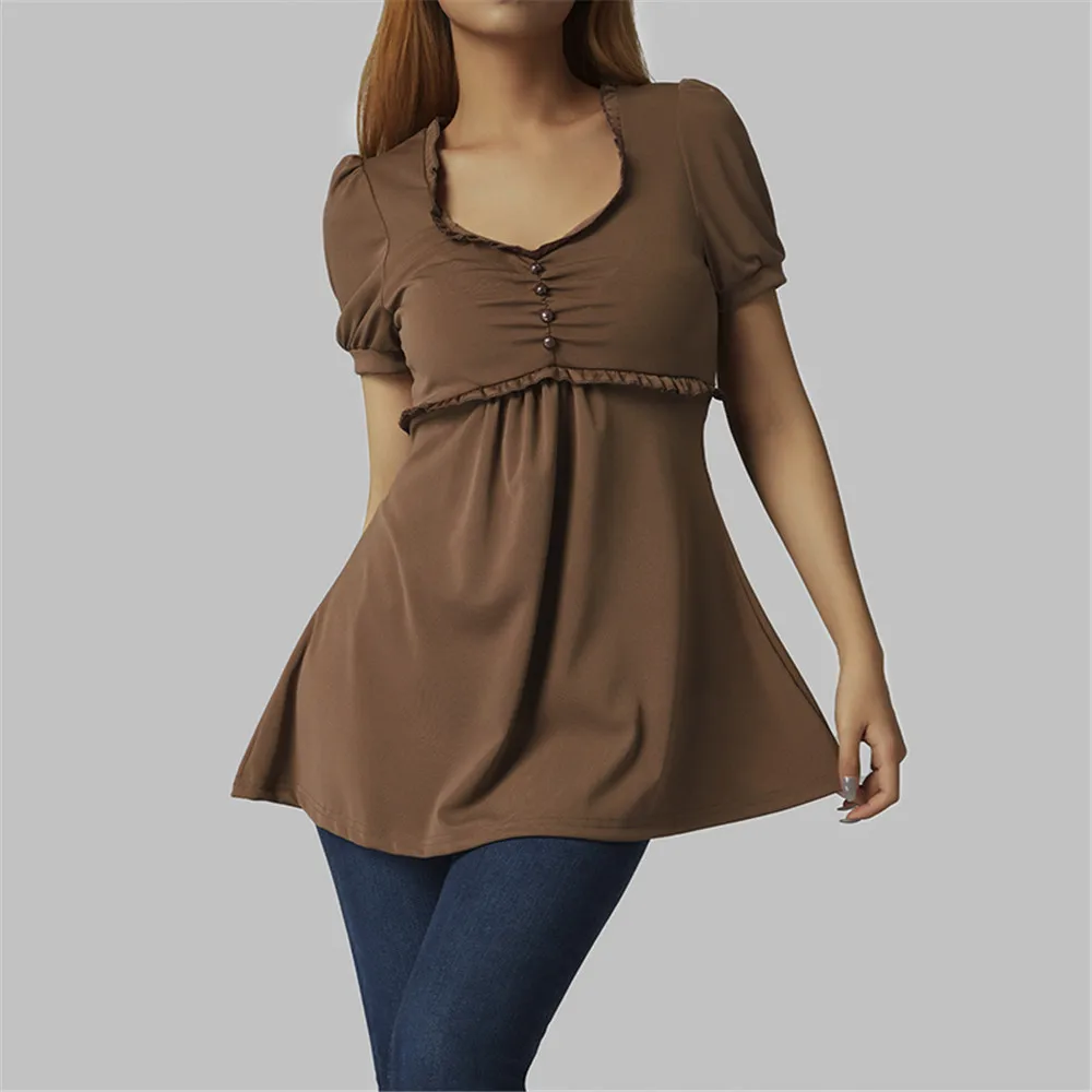 

Women Fashion Ruffled Bead Decoration T-Shirts Solid Color Tees Lady Summer Casual Elegant Puff Sleeve Tops Outfits 2022