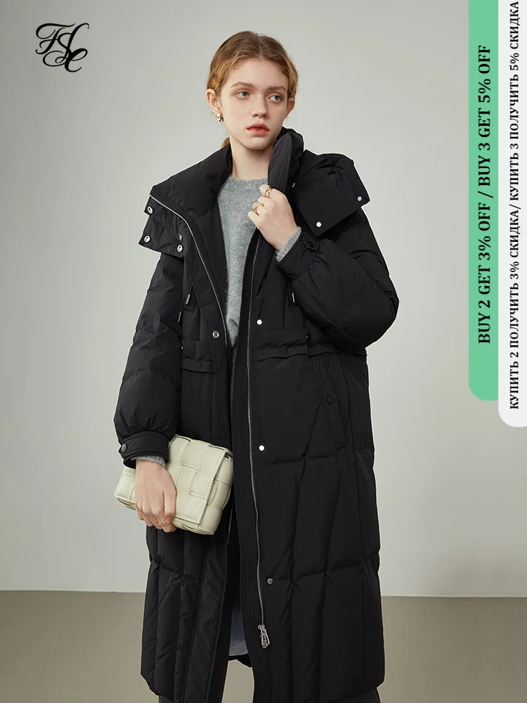

FSLE Women's White Goose Down Warm Black Super Long Down Jacket Winter New Removable Hat Design Stylish Thick Down Jacket