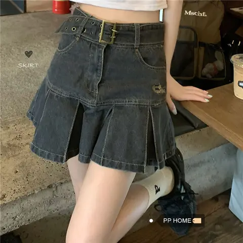 High Waist Y2K Jean Skirts E-girl Aesthetics Black Denim Pleated Skirts Harajuku Belted Sashes Ruffles Punk Outfits A-line Skirt