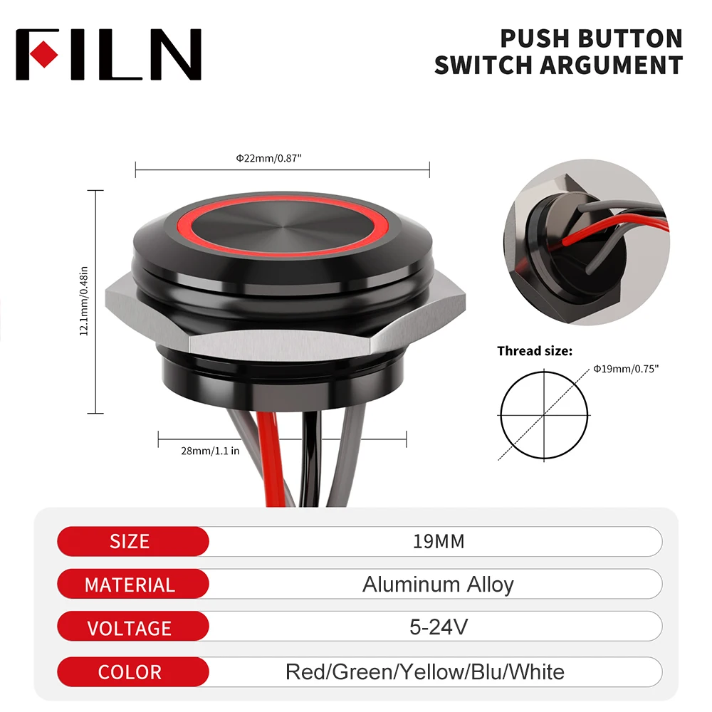 19 мм металлический кнопочный переключатель с самовозвратом, мгновенный микропереключатель из нержавеющей стали/алюминиевого сплава, светодиодный светильник, сенсорная кнопка лифта