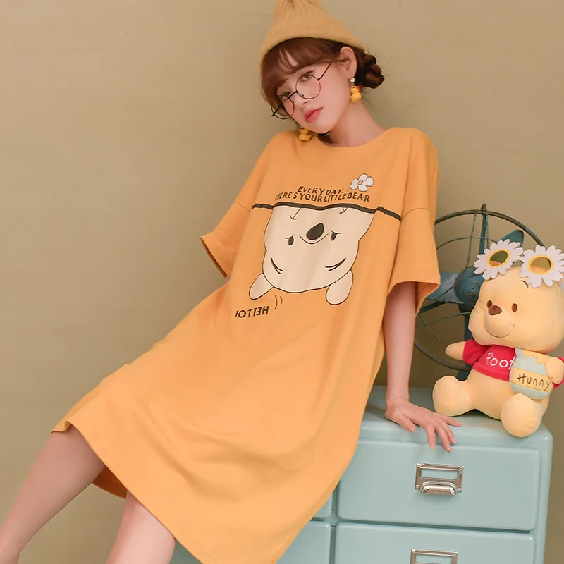 Disney Loose Female 100% Cotton Nightgown Lady Casual Cute Kawaii Night Dress Women Nighties Short Sleeve Nightwear Sleepshirts