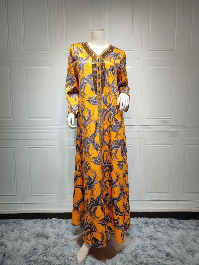 Autumn Morocco Dress Muslim Women Abaya Print Diamond Abayas Dubai Turkey Islam Party Dresses Kaftan Robe Longue Vestidos Largos