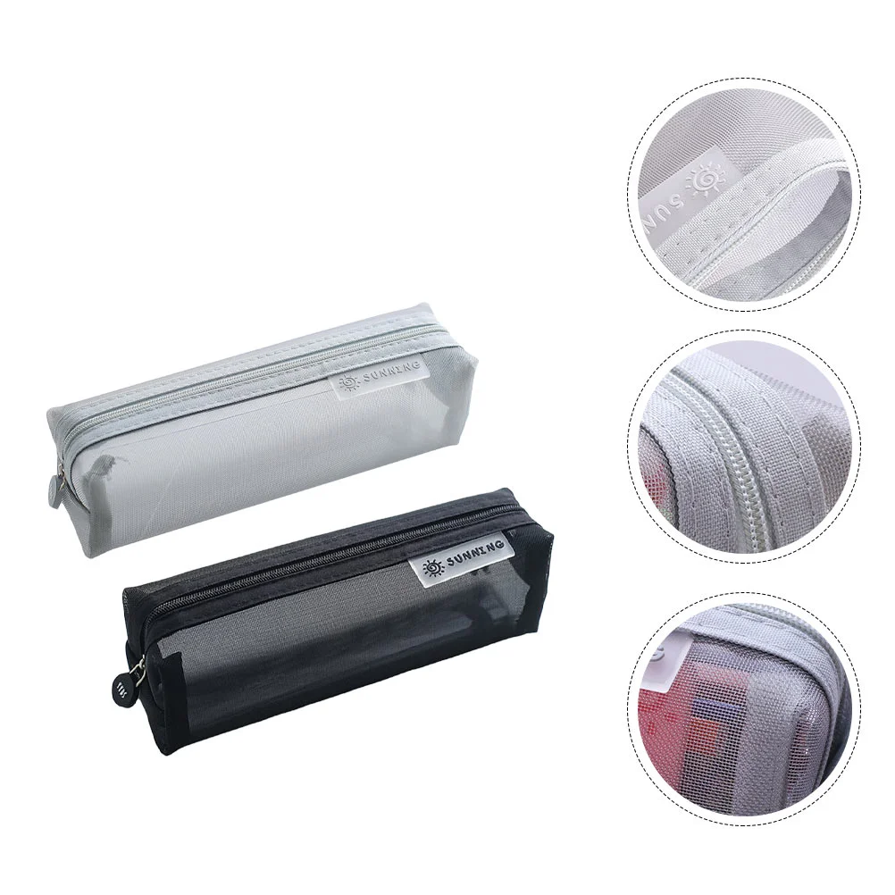 

2pcs Mesh Pen Storage Bag Students Stationery Bag Student Supply (Gray Black)