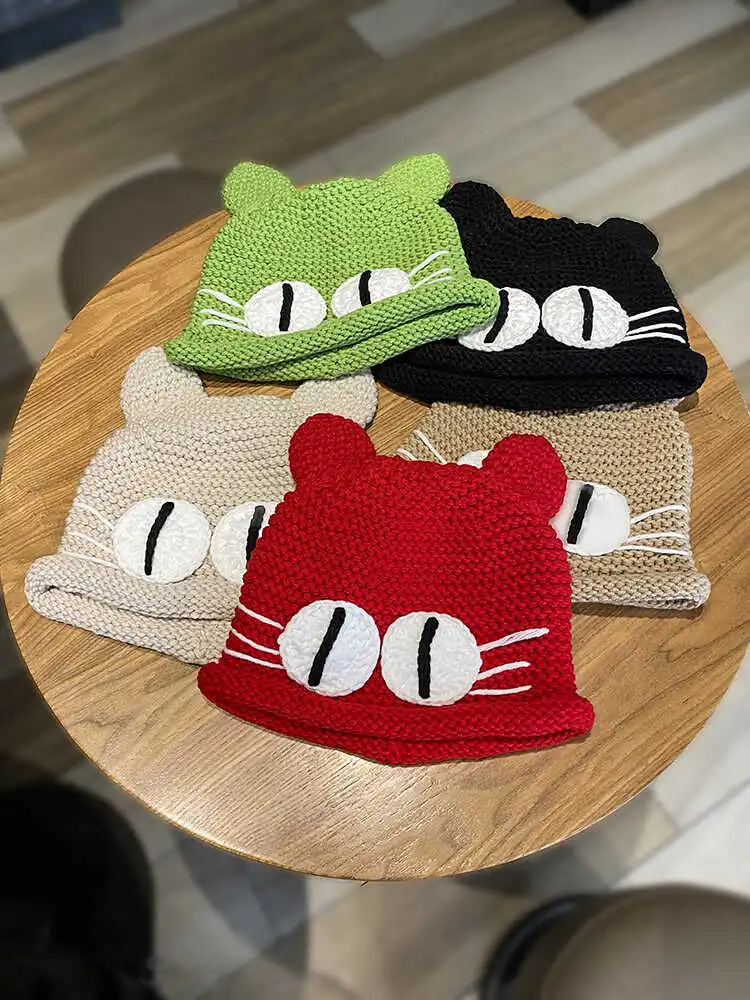 Adorable Three-Dimensional Big Eyes Cat Ears Hat Women Autumn and Winter Warm Earmuff Woolen Cap Make Your Face Look Smaller ...