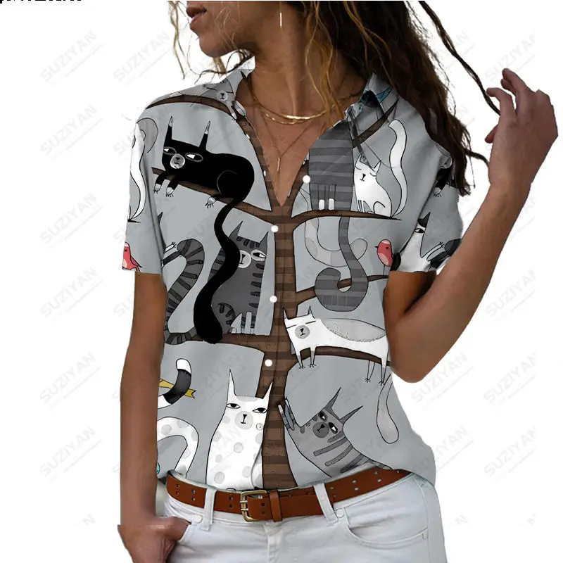 

Cute Cat Print Women's Summer New Kawaii Pattern Shirt Casual Loose Polo Collar Women's Top Elegant Short Sleeve Chiffon Shirt