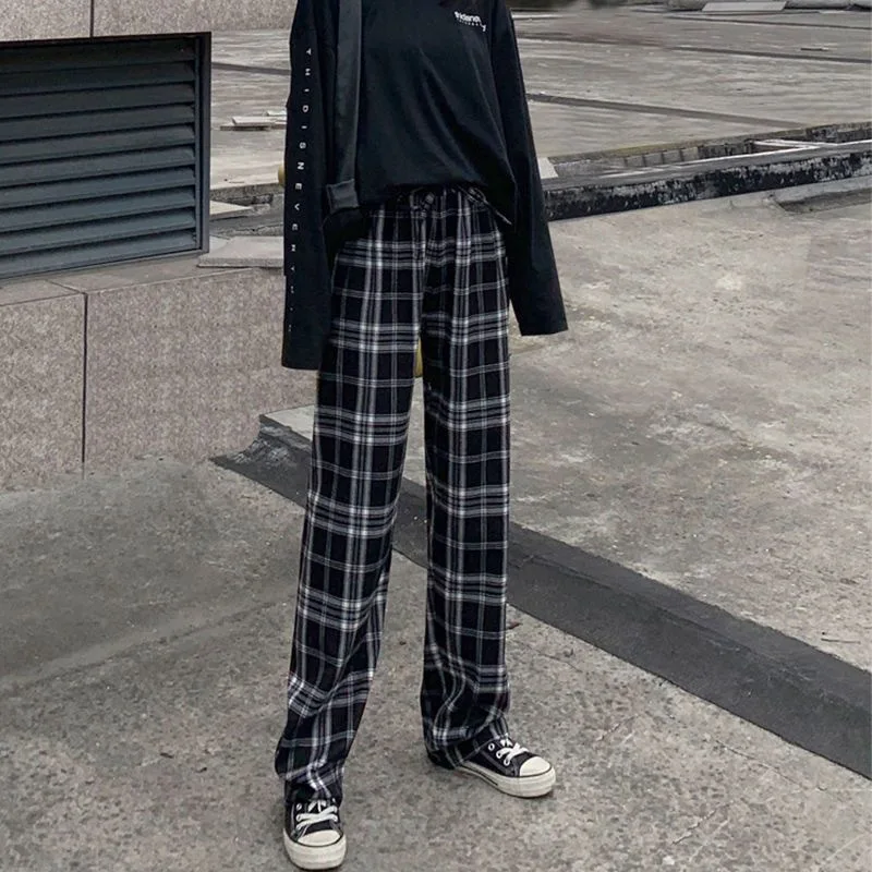 Plaid pants women's summer 2021 new high-waisted loose-fitting straight  платье летнее trousers drooping tug pants casual pants