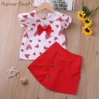 humor bear girls clothes set 2022 summer flying sleeve heart printed t shirt shorts 2pcs casual children clothes
