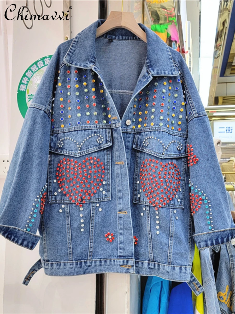 

European 2022 Autumn New Heavy Beads Colorful Crystals Loose Denim Jacket Streetwear Fashion Long Sleeve Jean Coat for Women