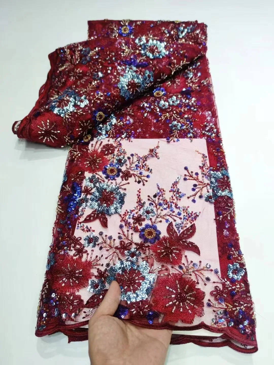 

XIYA Latest African Red Beaded Sequins Lace Fabric 2022 High Quality Nigerian Gold Beaded Lace Wedding Fabric for Dress LY1632