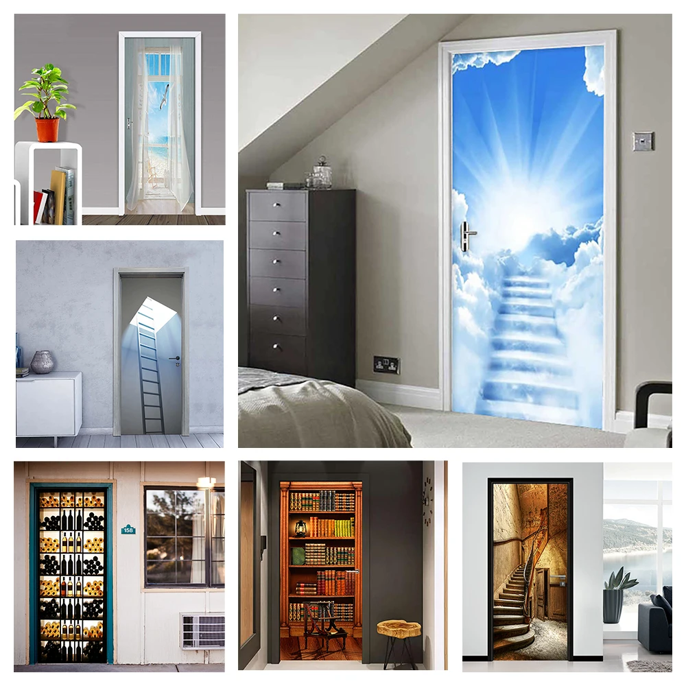 

3D Door Stickers Wallpaper for Bedroom Wooden Seaside Landscape Seasonal Abstract Poster Art Mural Peel and Stick Removable
