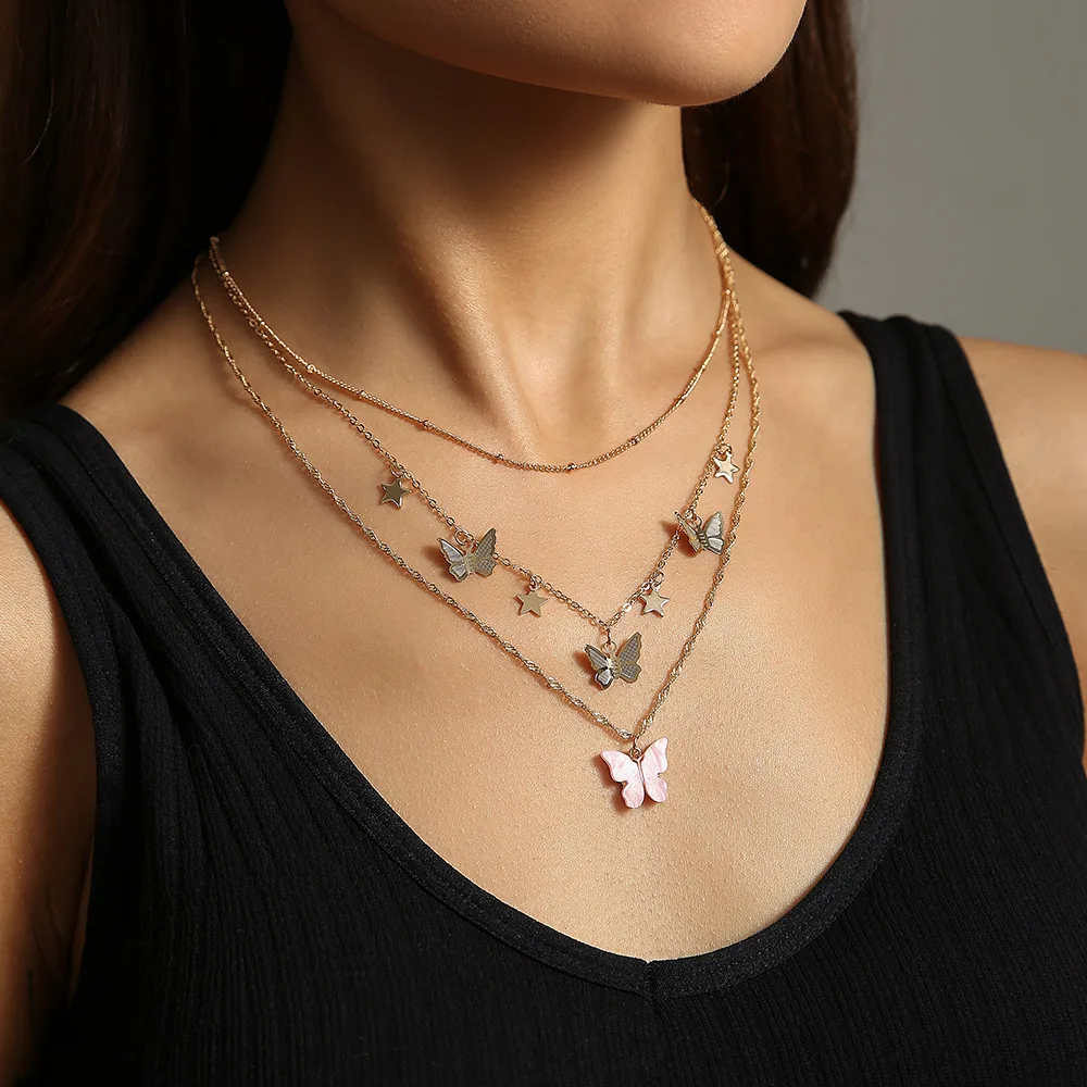 

Оптовая продажа, Простое Элегантное многослойное ожерелье-бабочка, женское металлическое колье-чокер в Корейском стиле со звездами