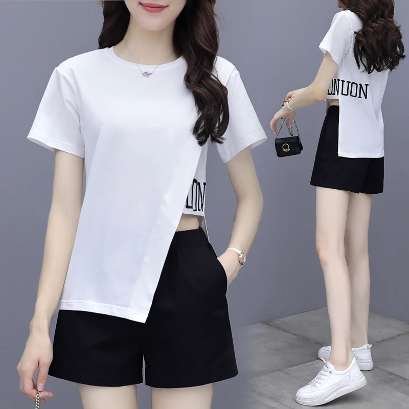 

Casual Women 2-Piece Suit Fashion Summer 2022 New O-Neck Waistless Short Sleeved Tshirt Top + Black Wide-Leg Shorts Cotton Suit