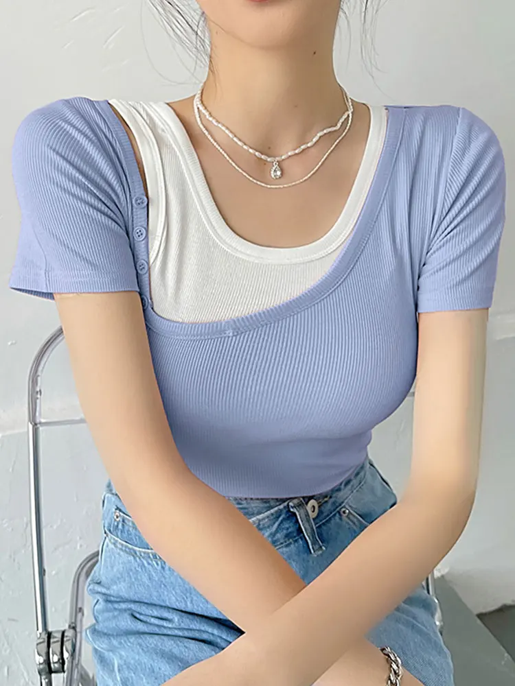 

2022 Two Pice Korean Fashion T-shirts Women O-neck Soild Short Sleeve Cotton Tshirts Female Casual Slim BasicTee Shirt Femme Top