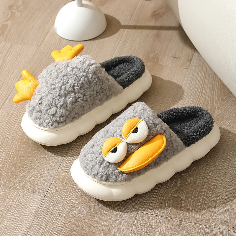 Cartoon flat pressed cotton slippers for women to keep warm in autumn and winter;lovers indoor slippers at home