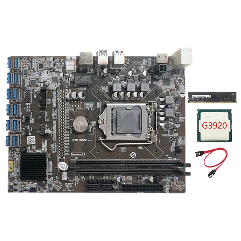 

B250C Mining Motherboard With G3920 CPU+1XDDR4 8G 2133Mhz RAM+SATA Cable 12XPCIE To USB3.0 Card Slot Board For BTC