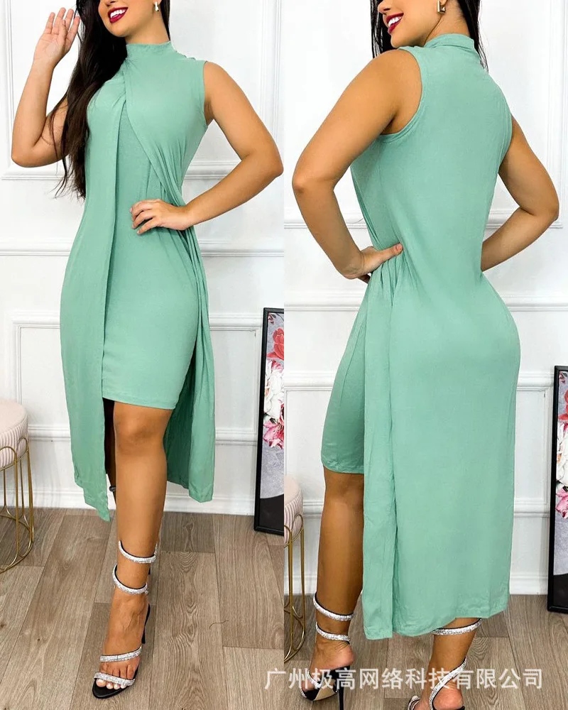 

Slit Asymmetrical Sleeveless Casual Dress Women High Waist Solid Color Spring Summer Long Ankle Length Dress