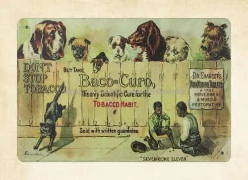 Лекарства 1870s Baco View бросить курить мальчик кошка собака металлический жестяной