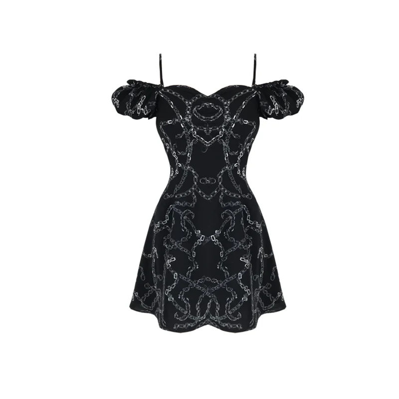 

Женское Короткое платье на бретелях, винтажное готическое Платье с принтом цепей, открытыми плечами и коротким рукавом, лето 2022