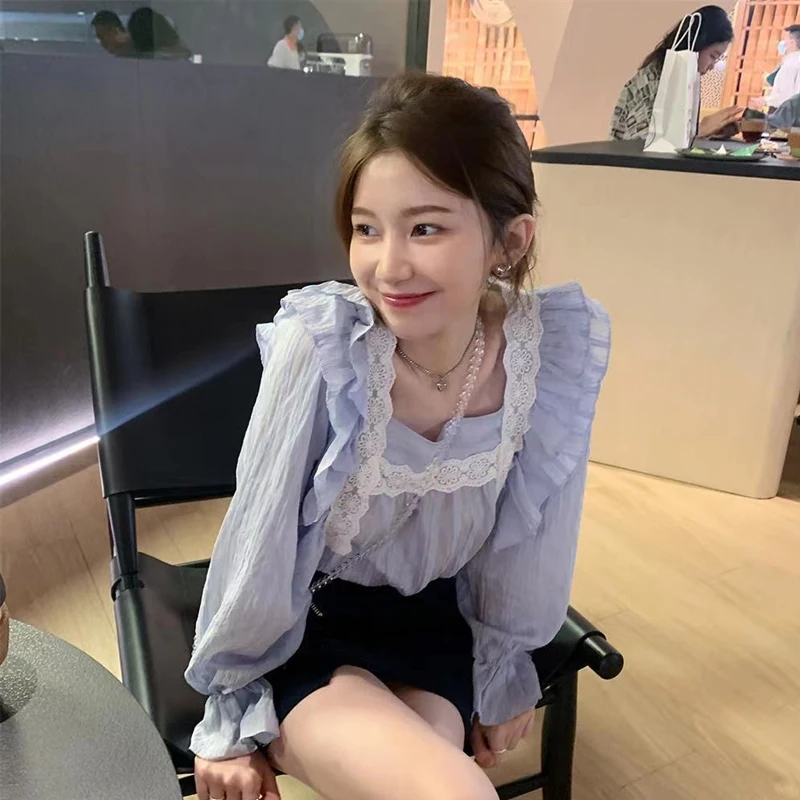 

Корейская французская рубашка с оборками и длинным рукавом, новинка весны 2023, нежная дизайнерская блузка, милые тонкие хлопковые топы с ква...
