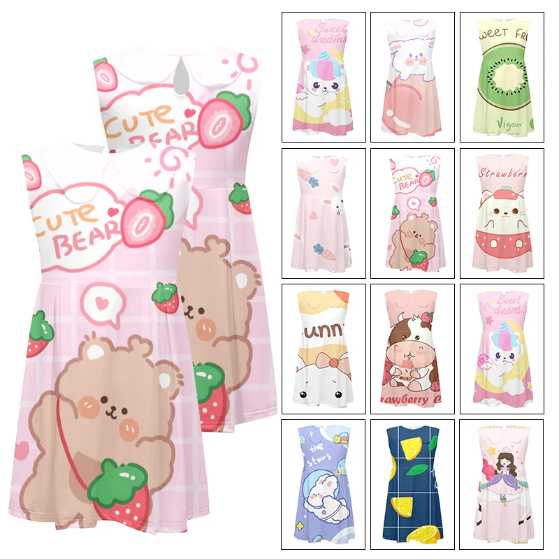 

Summer Mid Calf O-neck Staight Nightdress Sleeveless School Children Cartoon Kids Pajamas Cute Style Little Girls' Home Dress