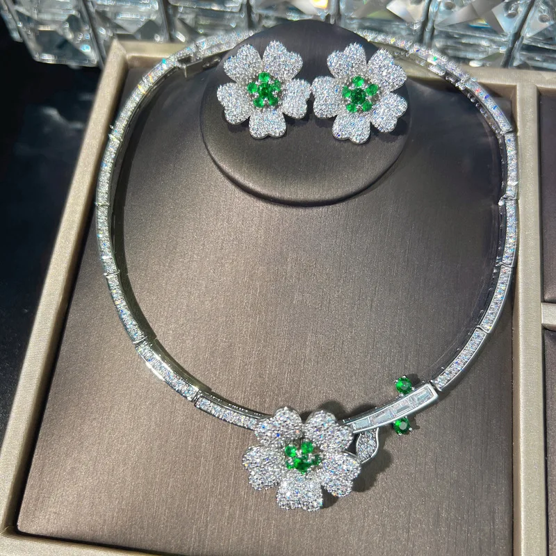 

Temperament Dazzling Green Cubic Zirconia Flower Jewerly Sets Lady 925 Silver Color Chokers Earrings Wedding Bride Accessories