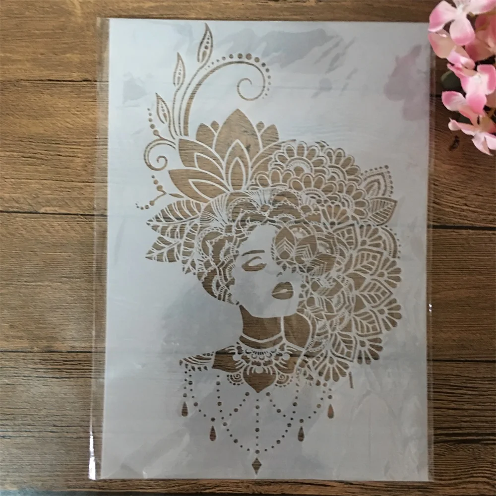

A4 29cm Mandala Flower Hair Girl DIY Layering Stencils Wall Painting Scrapbook Coloring Embossing Album Decorative Template