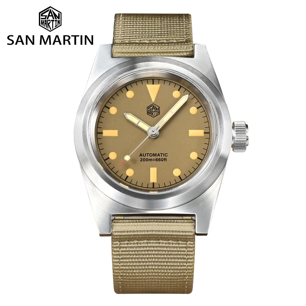 Фото Мужские автоматические механические часы San Martin 38 мм Pilot, винтажные военные часы YN55, ремешок из нейлона C3, 20 бар №1