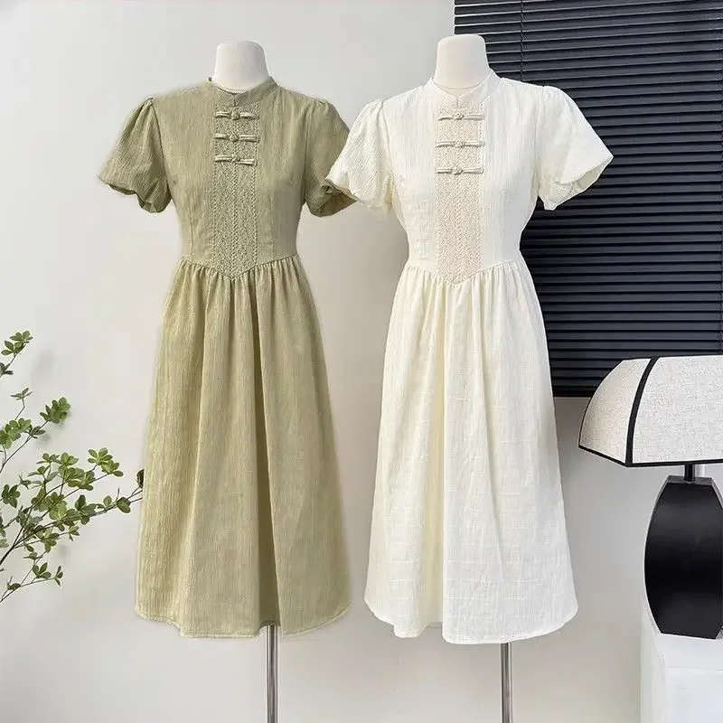 Новое китайское платье Minty Wave летний новый стиль на пуговицах с пышными рукавами