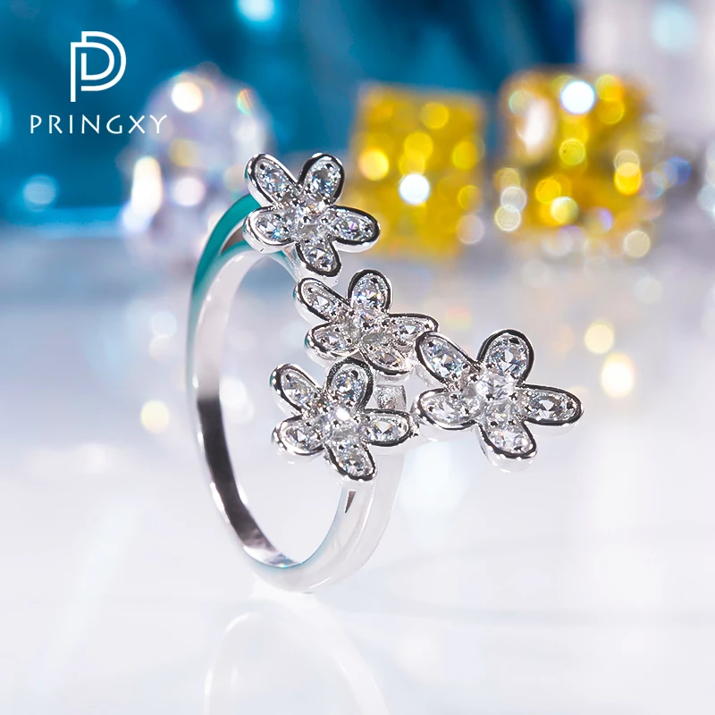 

PRINGXY Trendy Four Flower Shape Cubic Zirconia Lady Rings Real 925 Sterling Silver for Bride Fine Jewelry Wedding Party Gift