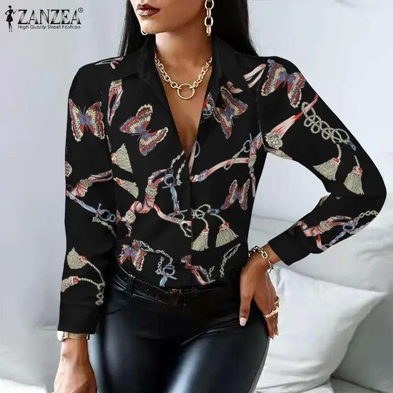 

Праздничная Повседневная модная элегантная тонкая рубашка ZANZEA для работы и вечерние, Женская Весенняя блузка с длинным рукавом, топы на пуг...