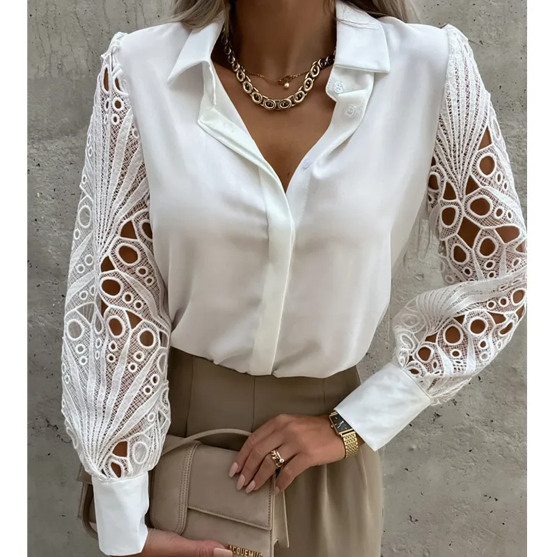 

Summer 2022 Casual Fashion Solid Lace Patchwork Long Sleeve Shirt Female Lapel Single Breasted Loose Blouse Hipster Streetwear