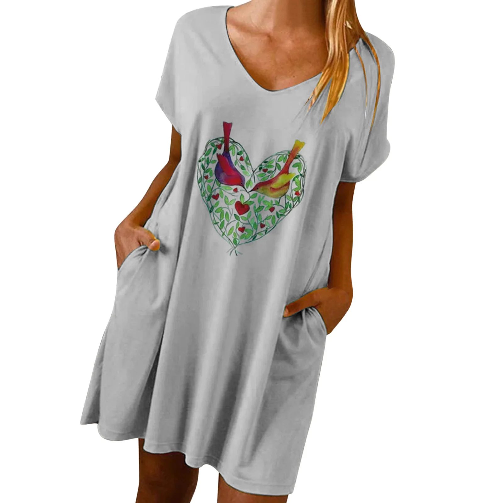 

Women's Heart Printed Short Sleeve Dress O Neck Loose Pocket Dresses Female Streetwear Summer Casual Mini Dress