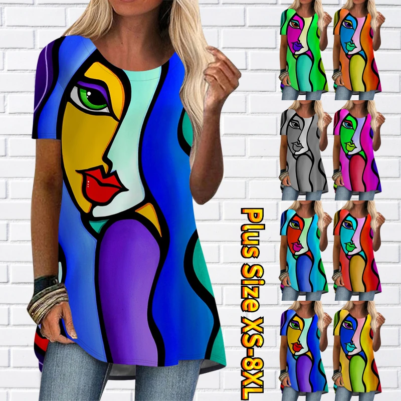 

2022 New Design Printed Short Sleeve Summer Ladies Daily Street Loose Short Sleeve Size Tops Round Neck 3D Printed Pullover