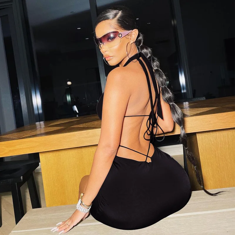 

Crystal 2022 Bandage Halter Backless Sexy Mini Dress Summer Women Fashion Streetwear Bodycon Y2K Chic Outfits