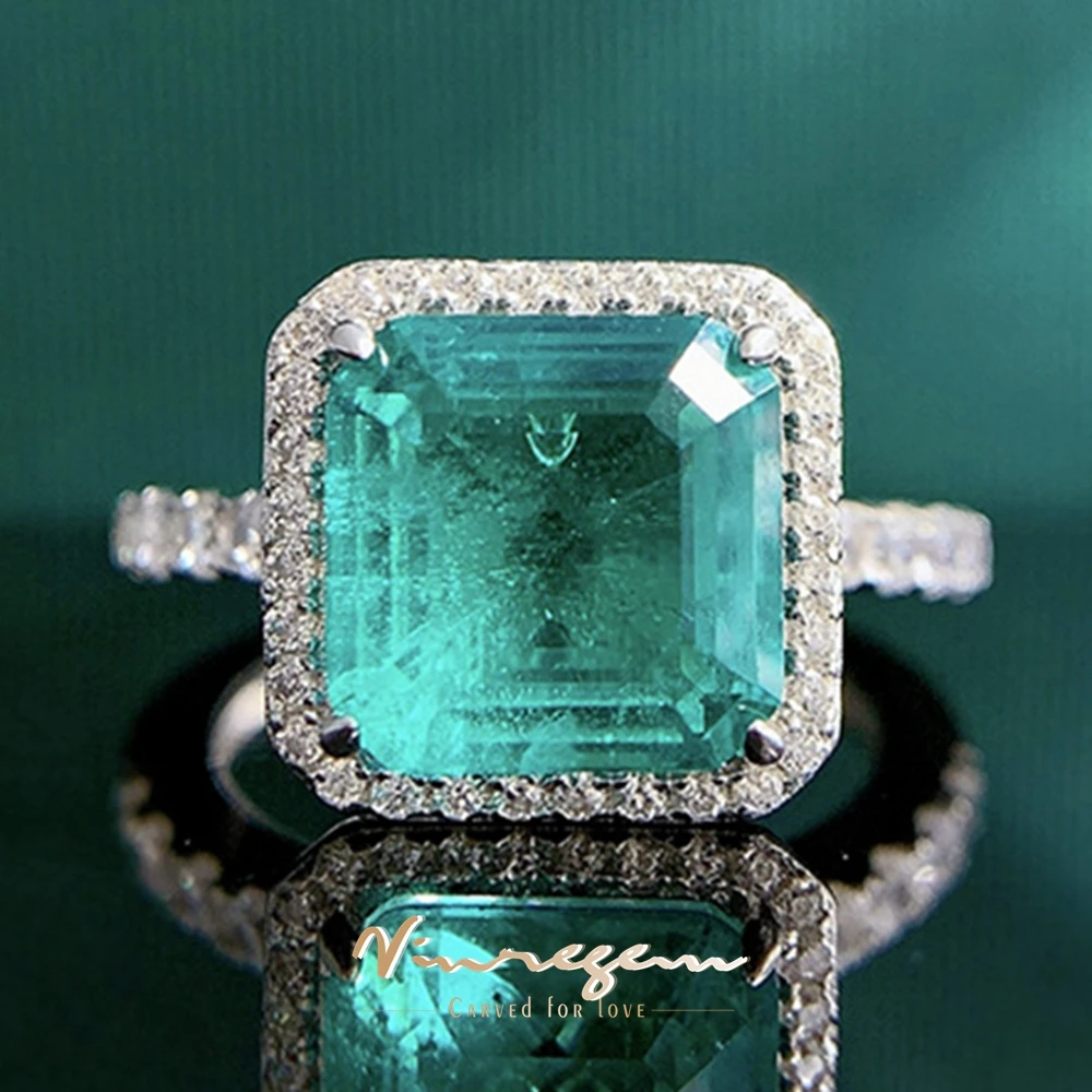 

Vinregem 18K White Gold 9*9MM Paraiba Tourmaline Gemstone Vintage Ring For Women 925 Sterling Silver Wedding Engagement Jewelry