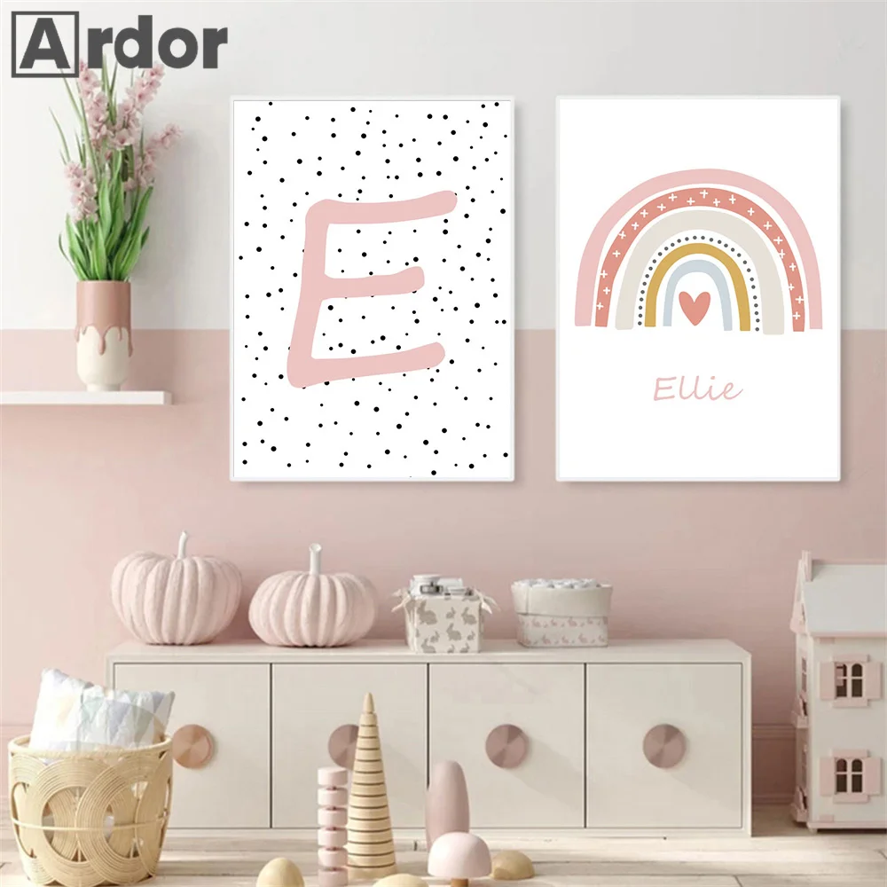

Pink Rainbow Custom Name Baby Nursery Girls Canvas Painting Poster And Print Wall Art Picture Gift For Kids Bedroom Home Decor