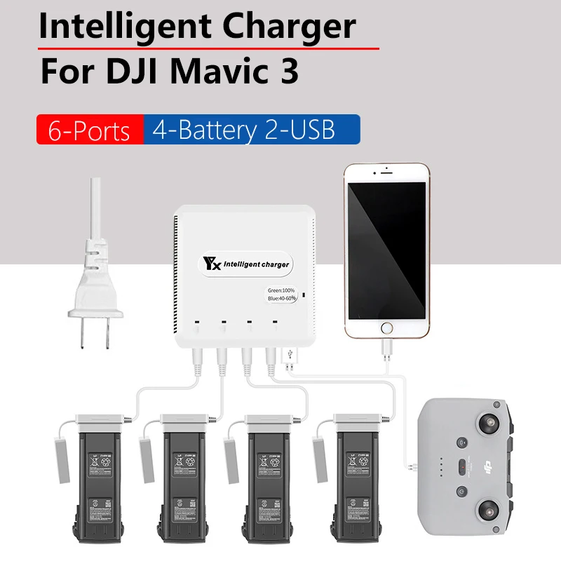 6 in 1 Intelligent Battery Charger for DJI Mavic 3 Drone Battery Charging Hub Fast Smart Battery Charger USB EU/US/AU/UK PLUG