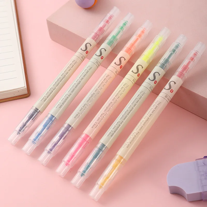 

6 pcs/pack Double Head Colors Oblique Green Yellow Highlighters Promotional Art Markers Fluorescent Pen Gift Stationery