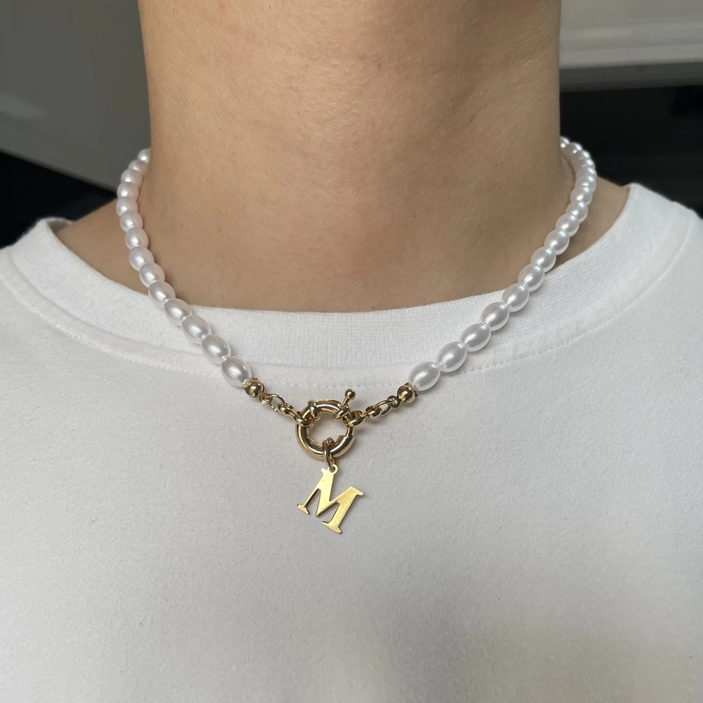 

Simulated Pearl Choker Necklace For Women Gold Color Initials Stainless Steel Bead Letter Pendant Female Neck Bohemia Jewelry