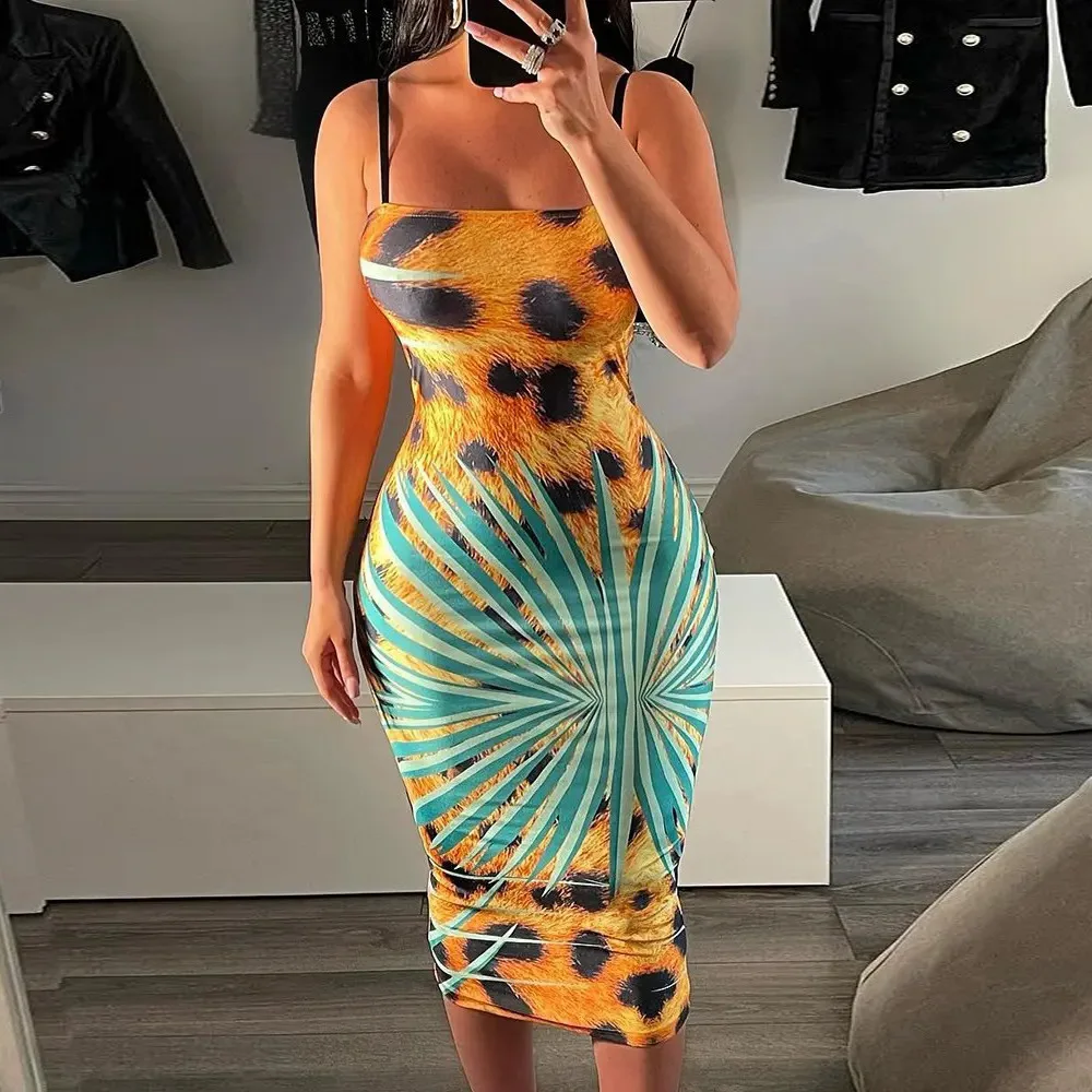 

Tight Hip Dress For Women Printed Ladies Sexy Suspenders 2022 Summer New Female Elegant Clothing Slash Neck Mid Waist Vestidos