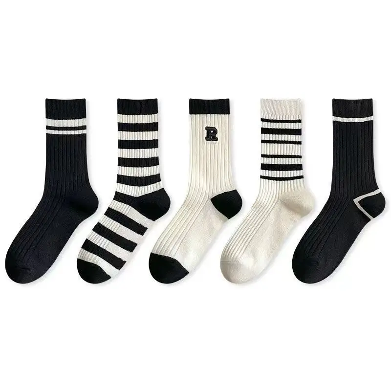 10 Pairs Women Cotton Socks Middle Tube Autumn Winter Fashion Basketball Football Striped Comfortable Breathable Socks