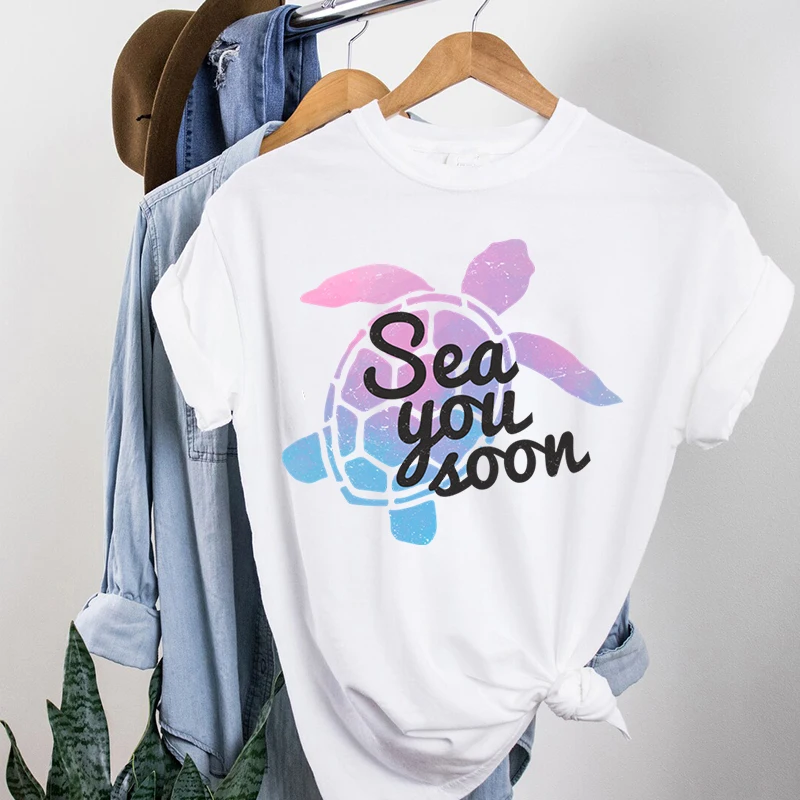 

Женская футболка с надписью Sea You Soon, женский летний топ с принтом черепахи, Женская Эстетическая одежда, летняя футболка с графическим принт...