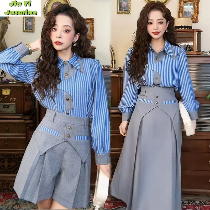 Новинка весны 2024 Модная ретро Гонконгская полосатая рубашка с высокой талией
