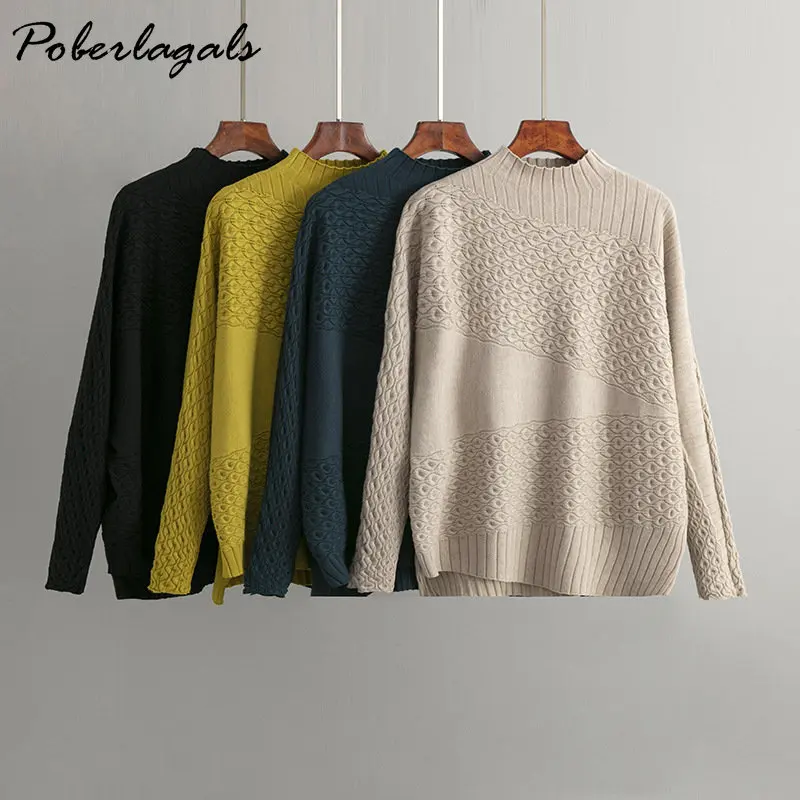 

Loose Warm Knit Mock Neck Swetaer Autumn Winter New Long Sleeve Twisted Flower Bottomed Sweater Women Oversized Pullovers Tops