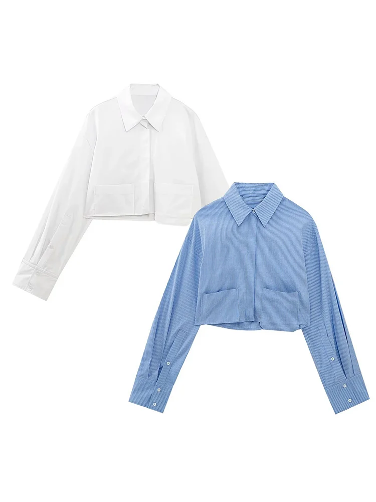 

Girls Fashion White Long Sleeve Cropped Shirts 2023 Spring Woman Loose Pocket Shirts Female Highstreet Oversized Button Shirts