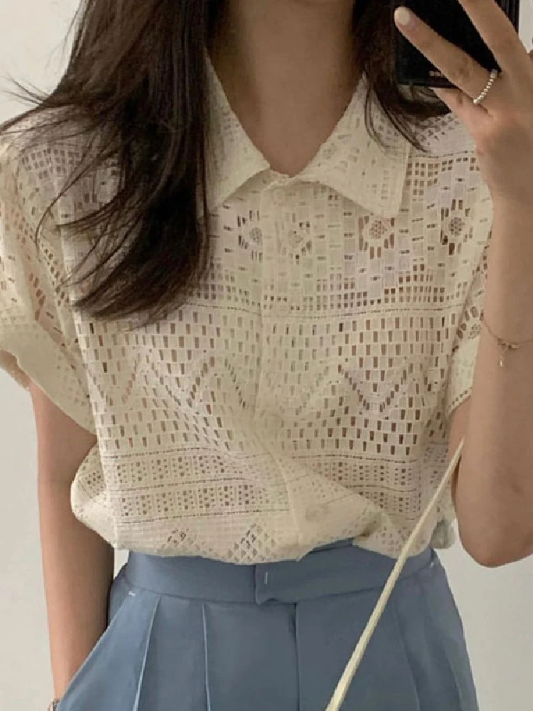 

Женские блузки в стиле кантри шикарные женские корейские шикарные летние нишевые универсальные однобортные Свободные повседневные кружев...